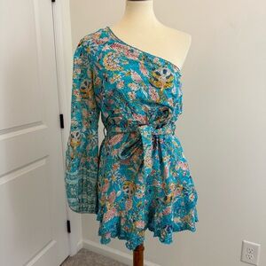 Hemant and Nandita Floral One Shoulder Cotton Eyelet Mini Dress Size Large